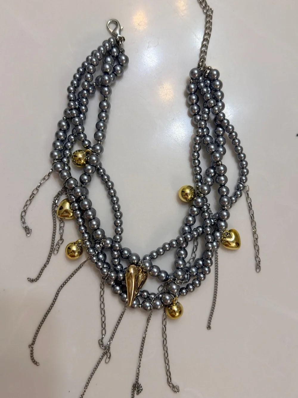 Two-Tone Gold & Silver Heart Fringe Necklace